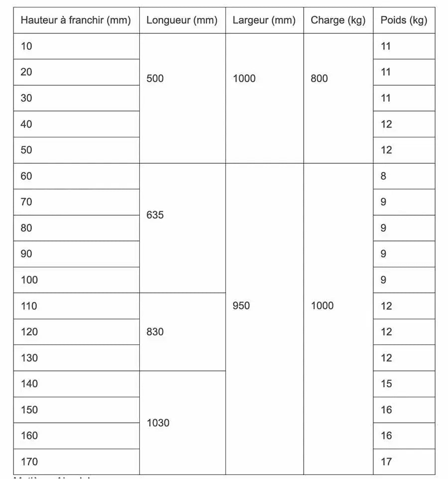 Rampe transpalette Aluminium Charge Lourde 800 ou 1000 kg